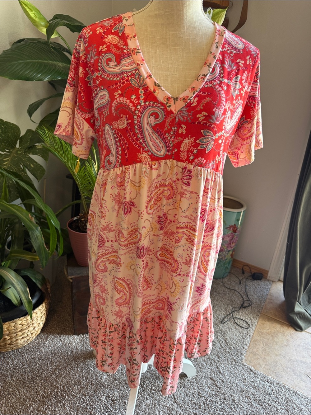 Red Paisley V-Neck Women's Dress